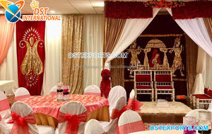 <b>Gold</b> Arch Style Wedding Stage Backdrop <b>Curtain</b> Arch Style Golden Mandap Backdrop <b>Curtains</b> Golden Embroidered Wedding Backdrop - Product Image 6