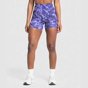 Purple Camo Print High <b>Waist</b> Sport <b>Shorts</b> <b>Women</b> Breathable Knitted Fitness Wear Regular Fit <b>Elastic</b> <b>Waist</b> - Product Image 1