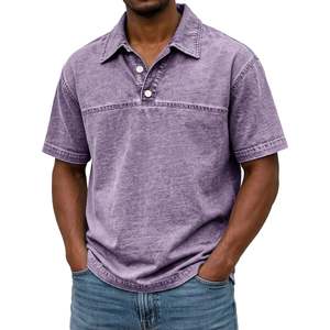 เสื้อโปโลผู้ชายสั่งทำโลโก้ขายส่ง ผ้าคอตตอน/โพลีเอสเตอร์ผสม ย้อมสีแบบแอซิดวอช ถักทอ 220 GSM เสื้อยืดโอเวอร์ไซส์ แขนสั้น สไตล์วินเทจ - Product Image 3