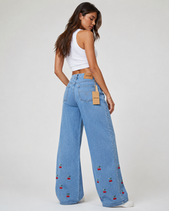 Jean taille haute à jambe large avec broderie cerise, en coton doux, grande taille, pantalon décontracté d'été pour femme, longueur complète, boutonné, OEM - Product Image 5
