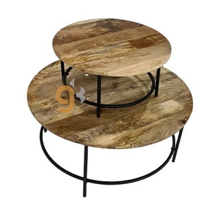 Moderno ferro e legno forma rotonda KD pieghevole in legno di Mango nero e finitura naturale centro nidificazione Set di due 2 tavolino da caffè - Product Image 1