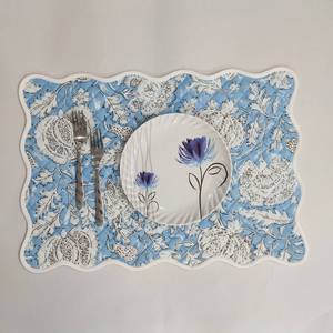 Light blue floral Four Napkins and Four Cotton Table quilted wave piped <b>Placemats</b> Indian Vintage Handmade Floral - Product Image 1