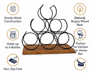 Porte-bouteilles en métal vintage avec base en bois |   Support à vin à trois niveaux pour comptoir, cuisine, bar ou table à manger - Product Image 2