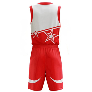 Ensemble d'uniformes de basketball personnalisés pour hommes, rouge et blanc, maillot sans manches à col en V et short à imprimé étoile, taille élastique, vêtements d'équipe en gros - Product Image 2