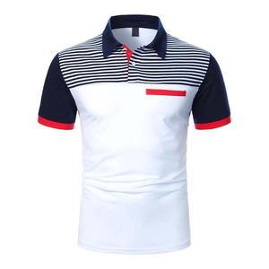 Polo à manches courtes pour homme, color-block, col rayé, blanc, marine, rouge, poche, style décontracté, tricoté - Product Image 1