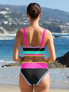 ชุดบิกินี่ลายดอกไม้สำหรับผู้หญิง แบบทูพีซ เอวสูง ท่อนบนแบบ Bandeau แต่งขอบตัดสี ผ้าสเตรช ทรงปกติ ด้านหน้า - Product Image 4