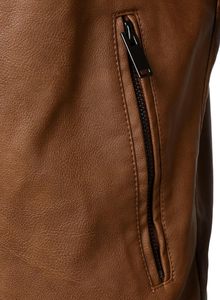 Men's Tan Camel Honey Brown PU Faux <b>Leather</b> Cafe Racer <b>Jacket</b> Band Stand Collar Snap Button Ribbed Padded Sleeve - Product Image 5