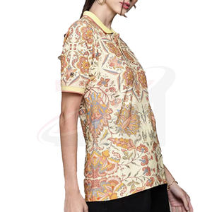 Camiseta polo al por mayor personalizada para mujer, con estampado floral, manga corta, informal, de tela tejida, con cuello amarillo, para camisetas de mujer - Product Image 5