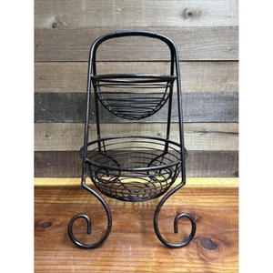 Cesta de frutas de 2 niveles estilo vintage, artesanía en alambre de hierro, cestas para cocina, uso multipropósito, cestas de almacenamiento con soporte para suelo. - Product Image 1
