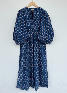 Women Blue Pink Floral Cotton Maxi <b>Dress</b> Long Sleeve Tie Neck Boho <b>Dress</b> Casual Summer Wear <b>Loose</b> Fit Prairie <b>Dress</b> - Product Image 3