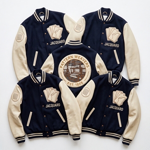 OEM Custom Varsity Letterman Jacket Wool Leather Sleeves Shearers Guild Embroidery Teasel Nap Patch Slate <b>Coat</b> - Product Image 4