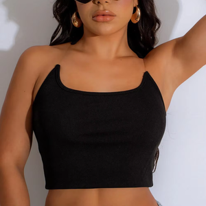 Women Black Knitted <b>Crop</b> <b>Top</b> Square Collar Sleeveless Minimalist Style Breathable Spandex Polyester Spring Summer Wear - Product Image 5