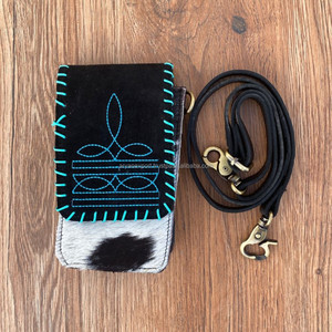 New Custom <b>Boot</b> Stitch Black Suede Leather Phone Pouch Bag Western Credit Card Holder Phone Carrier Women's Crossbody Mobile Bag - Product Image 2