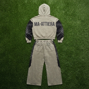 <b>Women</b> Solid Embroidered Vintage Belt Contrast Panel Cropped Zip up Hoodie and Wide Leg <b>Sweatpants</b> Two Piece Tracksuit Set - Product Image 5