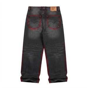 Jean en denim coupe droite pour homme, en coton, style streetwear, poids moyen, motif tie-dye rouge et noir, collection automne - Product Image 2