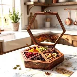 Caja de Almacenamiento de Madera con Compartimentos Divididos para Frutos Secos, Exhibición de Mesa, Hecha a Mano, Madera Sólida Cuadrada Pulida - Product Image 3