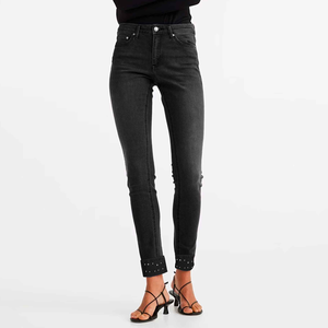 Jean skinny noir taille haute pour femme grande taille, délavé, avec rivets, ourlet retroussé, longueur cheville, style décontracté, fermeture boutonnée, longueur complète - Product Image 2