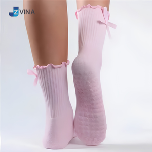 JZVINA Calcetines rosas hasta el tobillo para mujer con volantes y decoraciones de lazo, calcetines antideslizantes para Pilates, Yoga, Barre Studio - Product Image 1