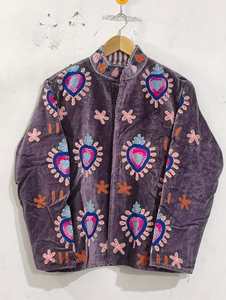 Handmade Suzani Grey <b>Velvet</b> Cotton <b>Jacket</b> <b>Women</b> Heart Floral Embroidery Bohemian Ethnic Winter Outerwear Wholesale - Product Image 1