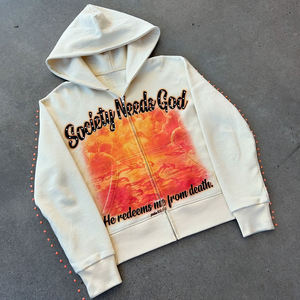 Custom Oversized Zip Hoodie with Embossed Letter Print Premium Cotton Fleece Rhinestone Detail OEM ODM Custom Design Hoodies - Product Image 1