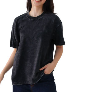 T-shirt en coton tricoté pour femme, col rond, manches courtes, coupe ample, plissé, couleur unie, respirant, toutes saisons - Product Image 3