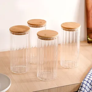 Pot de conservation en verre borosilicate transparent avec couvercle en bois, hermétique, design côtelé, 610 ml, récipient alimentaire polyvalent, vente en gros - Product Image 3