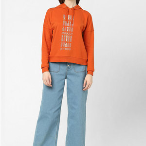 Sudadera con capucha corta naranja para mujer, de manga larga, forro polar, casual, color liso, hombros caídos, teñido liso, tipo jersey - Product Image 2