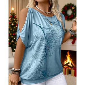 Chemisier pour femme à épaules dénudées avec imprimé plumes et découpe au dos, motif plumeux sur le devant en blanc et vert sarcelle contrastant - Product Image 1