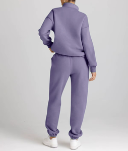 Women Purple Cotton Tracksuit Set Full Length Sweatpants Half-Zip Hoodie Casual Loose Fit Autumn Solid Color Breathable - Product Image 2