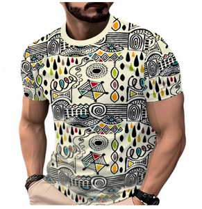 T-shirt à manches courtes col rond avec motif géométrique, coupe classique, décontracté, 100% coton, tissu tricoté respirant - Product Image 1