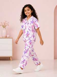 Ensemble coordonné pour filles, vêtements pour enfants, imprimé abstrait, comprenant une chemise à manches courtes à col et boutons et un pantalon long assorti - Product Image 6