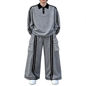 Ensemble de sweat-shirt décontracté pour homme, automne-hiver, style streetwear, col polo à rayures contrastées, en polaire, séchage rapide, coupe ample, grande taille - Product Image 1