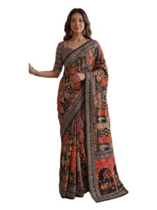 Sari traditionnel indien ethnique à imprimé numérique Ajrak, élégant, avec travail de miroir véritable et chemisier pour femme - Idéal pour les fêtes d'hiver - Meilleur prix - Product Image 1