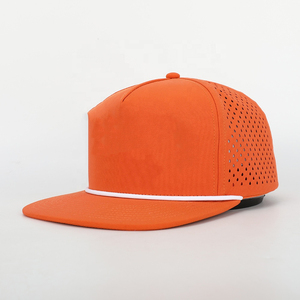 3D Embroidery Checked Style Waterproof Structured Denim <b>Flat</b> Brim Laser Cut Perforated <b>Cap</b> for <b>Men</b> - Product Image 1
