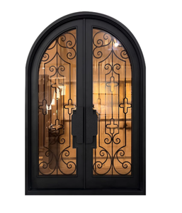 Puerta Doble de Entrada de Hierro Forjado Moderna y de Lujo, con Arco Superior y Diseño de Espiral, Resistente al Agua, Abatible, para Uso Exterior - Product Image 1