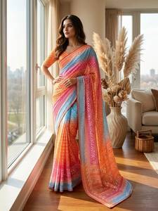 Designer Digital Print With Hand Aari Work And Hand Khatli Work Real Mirror Work with Gota Piping Border Chinon Silk <b>Saree</b> - Product Image 2