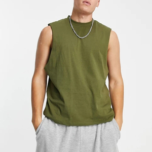 Débardeur tricoté sans manches vert olive pour homme, col rond, couleur unie, style décontracté - Product Image 1