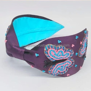 Serre-tête large et rembourré fait main en perles de rocaille, motif papillon perlé et fleurs ajustables, écologique et durable, pour femme - Product Image 2