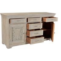 Aparador de Madera Maciza Hecho a Mano de Lujo con Puertas Talladas con Motivos Ornamentales y Acabado Blanco Desgastado