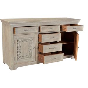 Luxury Handcrafted Solid Wood Sideboard Cabinet Ornate Scroll Carved Doors Distressed White Wash - Product Image 2