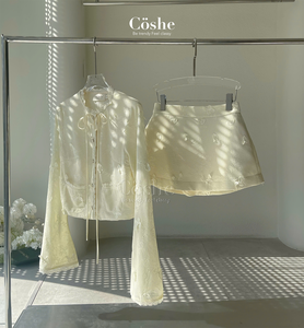 Coshe Natis elegante bordado princesa femenina ropa de trabajo camisa de manga larga minifalda conjunto encaje rebordear para estilo diario informal - Product Image 5