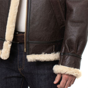 Chaqueta de cuero genuino vintage para hombre con cuello y puños de piel, abrigo de invierno con cremallera - Product Image 2
