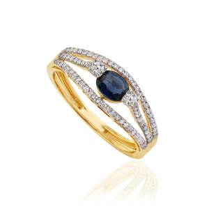 Bague de fiançailles triple couche en or jaune massif 14 carats, saphir bleu et diamants, sur mesure, cadeau pour demoiselle d'honneur - Product Image 3