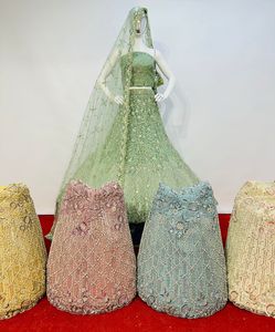 Elegante colección Arwah Net 7 diseños Full Jarkan Stones Pearl Moti Heavy Flair Blusas largas Dupattas Traje de vestir indio - Product Image 2