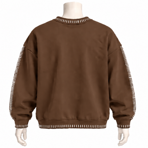 Mens <b>Brown</b> Stitched Border Distressed Crewneck Sweatshirt Loose Fit <b>Long</b> <b>Sleeve</b> Pullover Casual Streetwear Everyday Fashion <b>Top</b> - Product Image 2