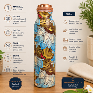 Rustic Boho Printed Ayurvedic Pure <b>Copper</b> Water Bottle Vintage Metal Drinking Bottle Drink Vessel For Home Office Gifting - Product Image 1