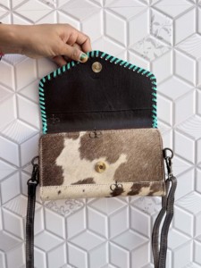 Hand Tooled Carving Leather Clutch Phone Case Stylish Cowhide <b>Fur</b> Unique Design Leather Turquoise Color Wallets for Women - Product Image 3