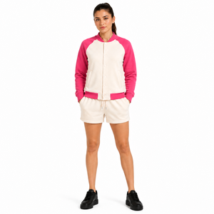 Women's 2 Piece Shorts <b>Set</b> Contrast Raglan Sleeve Bomber Jacket Solid Color Casual Winter Knitted Polyester/Cotton High Street - Product Image 1