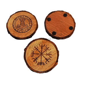 Sous-verres en bois d'acacia artisanal de qualité supérieure avec gravure de symboles nordiques, bord en écorce, finition polie, cadeau d'Inde - Product Image 5