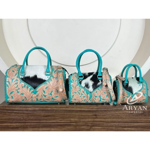 Ensemble de bagages de luxe 3 pièces en cuir de vachette turquoise tendance, avec poignée souple et fermeture éclair - Product Image 1